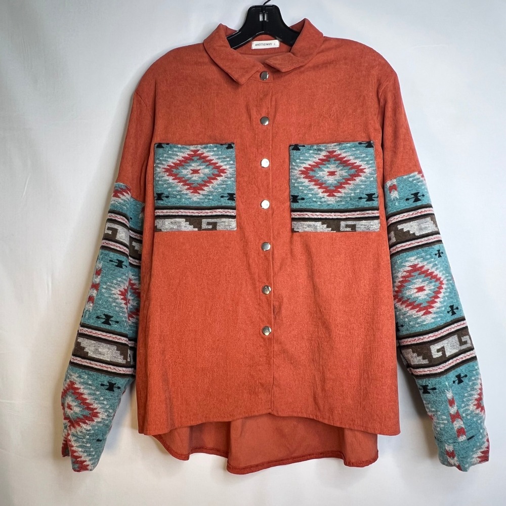 Southwestern Shirt Womens L Orange Blue Corduroy Aztec Print Western Boho Hippie